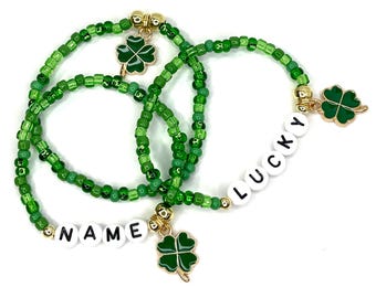 St. Patrick's Day Bracelet Personalized Name Bracelet Shamrock 4 leaf clover Charm Child Jewelry Party Favor Infant Children Kid Adult Sizes