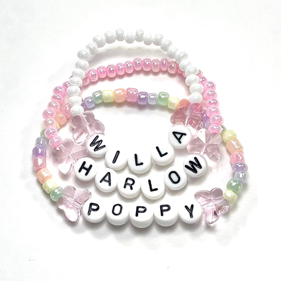 Personalized Childrens Name Bracelets. Crystal Pink Butterfly Beads