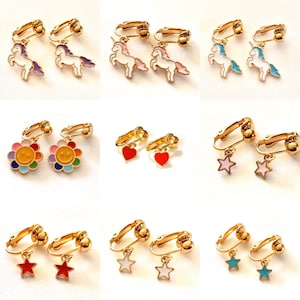Children&#39;s clip on earrings. Unicorns and Stars, Rainbow daisy flower, red heart, Petite small earrings for kids girls PP