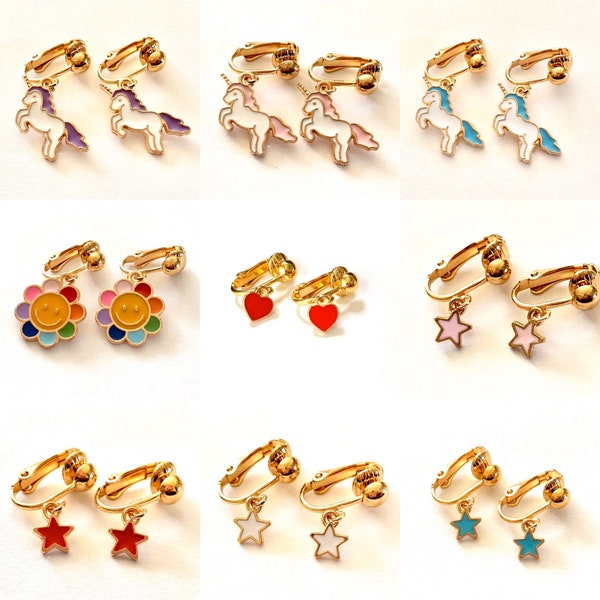 Children's clip on earrings. Unicorns and Stars, Rainbow daisy flower, red heart, Petite small earrings for kids girls PP
