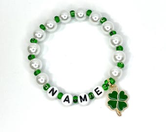 St. Patrick's Day Jewelry Personalized Name Bracelet Shamrock with 4 leaf clover Charm Party Favor Infant Children Kid Adult Sizes