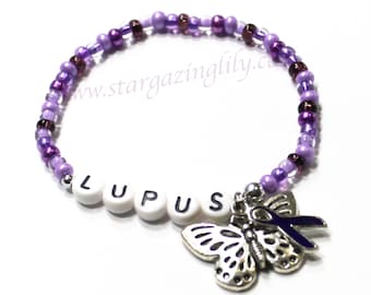 Lupus Awareness Bracelet Personalized Name Bracelet with Purple Ribbon and butterfly charm. Lupus Bracelet, Lupus Jewelry.