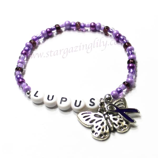 Lupus Awareness Bracelet Personalized Name Bracelet with Purple Ribbon and butterfly charm. Lupus Bracelet, Lupus Jewelry.