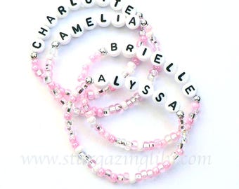 BEST SELLER - Personalized Name Bracelet. Party Favor Name bracelet. Children's Name Bracelet. Pink beaded bracelet. Baby thru Adult Sizes