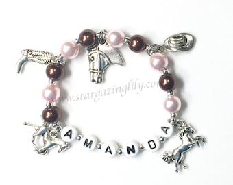 Western Charm Bracelet. Gift for horse lover. YOU CHOOSE 5 charms, pearl color, & name. Personalized Bracelet Custom Name Cowgirl Bracelet