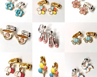 Cute clip on earrings for kids Little girl earrings. Flowers, balloons, princess tea cups, ballet dance, flowers, daisy, blue carriage FF