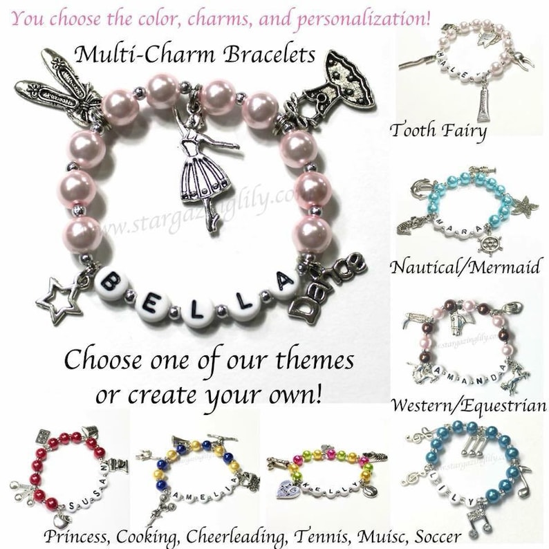 Personalized Charm Bracelet with name YOU CHOOSE up to 5 charms pearl color Custom pearl bracelet jewelry for Little Girls Women Ladies image 1