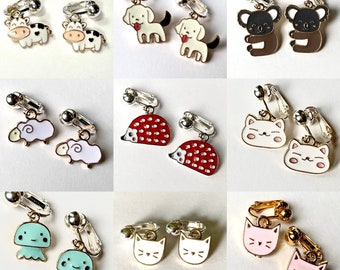 Animal earrings for kids. hedgehog, koala, jellyfish, cat, dog, sheep, puppy, kitten, cow Clip-on’s or hooks, Little girl gift easter EE
