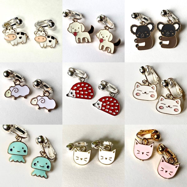 Animal earrings for kids. hedgehog, koala, jellyfish, cat, dog, sheep, puppy, kitten, cow Clip-on’s or hooks, Little girl gift easter EE