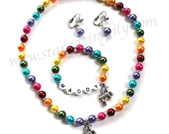 Rainbows, Unicorns, Pearls - OH MY - Colorful Rainbow Pearl Charm Necklace, personalized name bracelet. clip on earrings