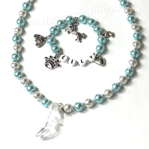 Cinderella princess theme pearl beaded charm bracelet & necklace set. Personalized name Glass Slipper tiara crown coach carriage mouse