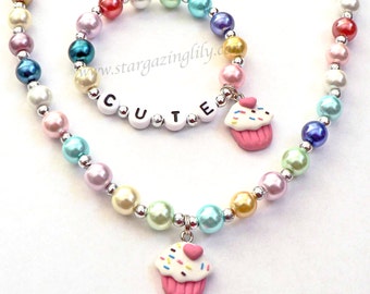 Cupcake Personalized Name Necklace & Bracelet Set Jewelry for little girls YOU CHOOSE the name Big Sister or Best Friends Gift