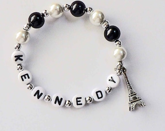 Eiffel Tower Charm and Pearl Bracelet Personalized Name Bracelet with Paris Charm Child Jewelry Party Favor Infant Children Kid Adult Sizes