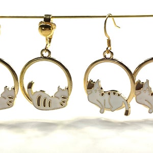 Pair of Sleeping Cat Earrings Lounging Kitty kitten cat earrings Women Kids clip-on's or Pierced Hooks. Cat Gift, Cat Jewelry Cat Earrings
