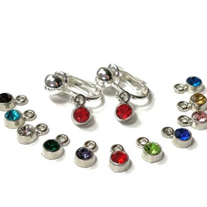 May include: A pair of silver clip-on earrings with red crystal charms.  The earrings are shown with a variety of colored crystal charms, including blue, green, purple, and clear.