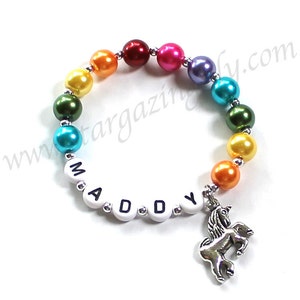 Unicorn Party Favors Bracelet Unicorn Charm Bracelet Rainbow Pearls little girl personalized name bracelet by stargazinglily BFF Gift