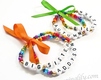 Rainbow Name Bracelet Personalized Children's Jewelry 1 Set of 2 with Bow Big Sister Little Sister Infant Child Adult Sizes Stocking Stuffer