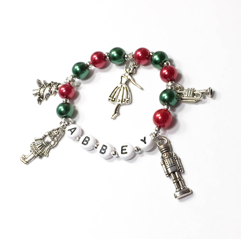 Nutcracker Ballet Charm Bracelet. Dance themed bracelet. Personalized name bracelet. Christmas Gift for Girls. Nutcracker Ballet Gift Red & Green