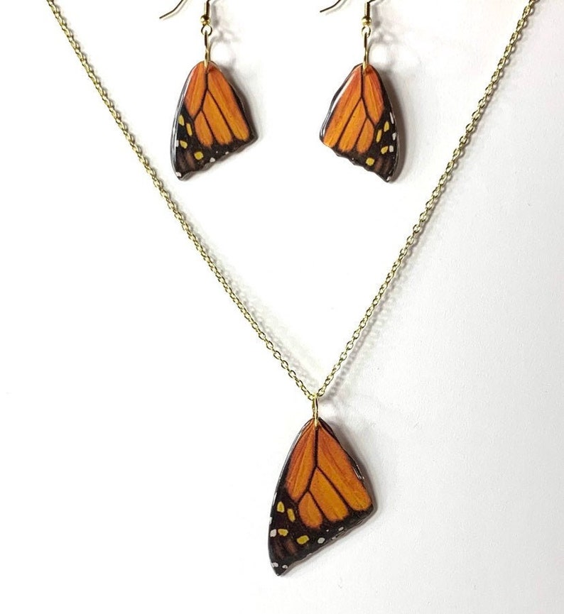 Monarch butterfly earring and necklace set Wood and resin Butterfly gift. NOT real butterfly wings Goldtone necklace and hook earrings