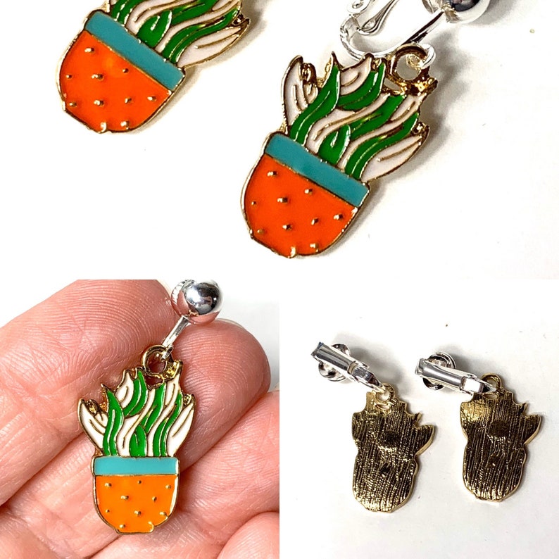 Succulent Earrings, Cactus, House Plant Pots. hooks or clip-on's. Cottage core jewelry, greenhouse wholesale, gift for plant lover plant mom orange pot
