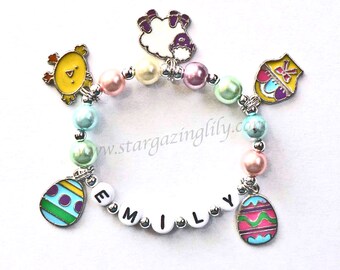 Easter Charm Bracelet for little girls. Toddler gift for Easter. Easter basket filler. Personalized gift, Spring pastel pearl bracelet.