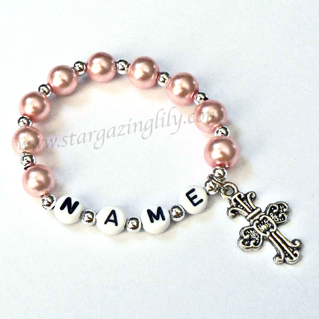 Kids cross bracelet. Religious Pearl Bracelet Personalized w Name. Ad…