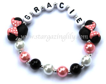 Light Pink Mini Mouse inspired Jewelry Hypoallergenic Personalized Name Bracelet Toddler Kids black mini mouse ears Pink Polka Dot Bow