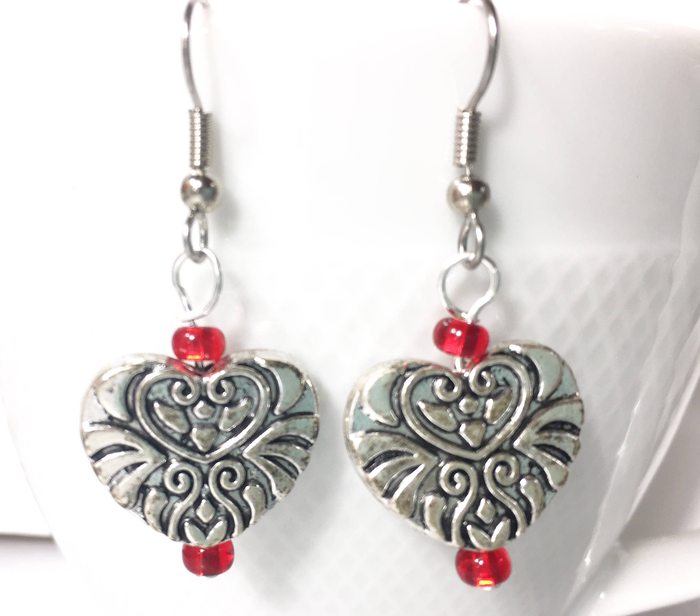 Valentine Earrings Silver Heart Pink Red Accents Scroll - Etsy