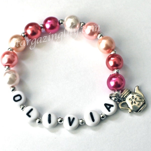 Tea Party charm bracelet for little girls Tea Party Favor Little Princess Charm Bracelet Personalized Pretty in Pink Pearls YOU CHOOSE CHARM