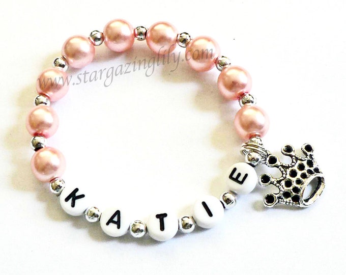 Princess Party Favor Name Bracelet Personalized Name Bracelet with Crown Charm Children Kid Adult Sizes Princess Pink Name Bracelet