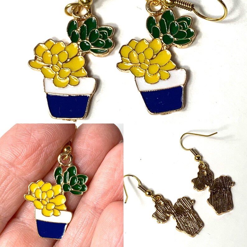 Succulent Earrings, Cactus, House Plant Pots. hooks or clip-on's. Cottage core jewelry, greenhouse wholesale, gift for plant lover plant mom blue/white pot
