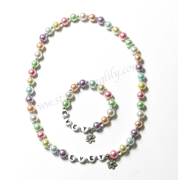 Kids Personalized Name Necklace & Bracelet Set Little Girls Easter Jewelry. YOU CHOOSE pearl color, charm. Little Kids Jewelry Kids Bracelet