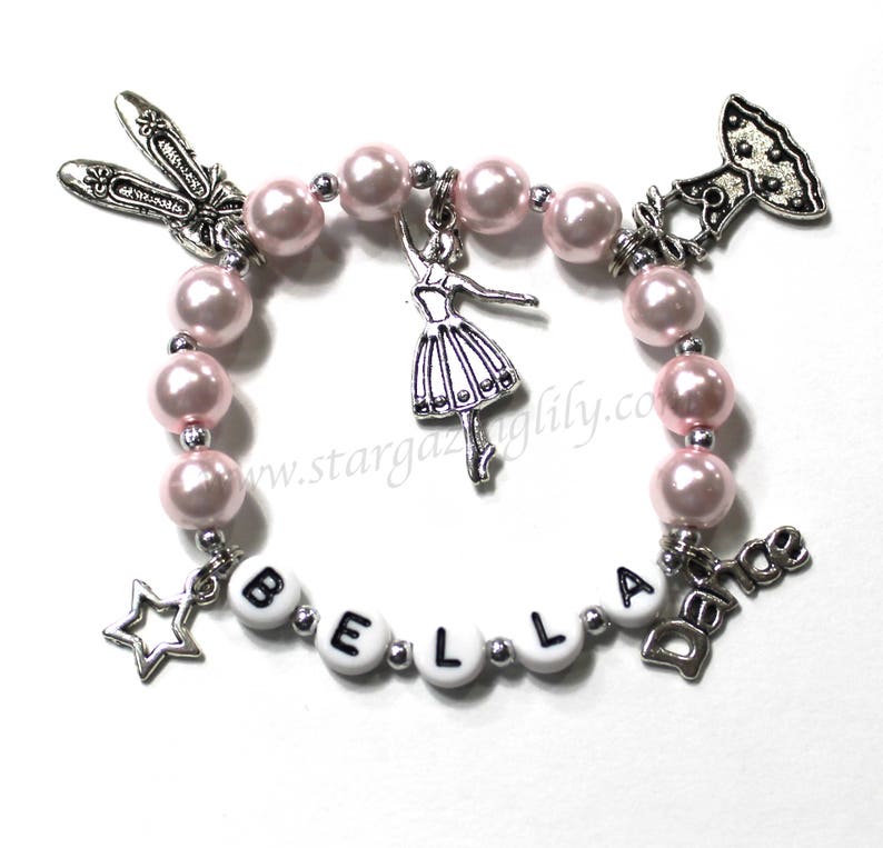 Personalized Charm Bracelet with name YOU CHOOSE up to 5 charms pearl color Custom pearl bracelet jewelry for Little Girls Women Ladies Ballet/Dance