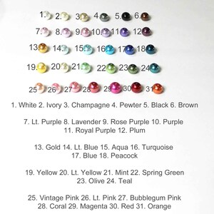 May include: A chart of 31 different colored beads, numbered 1 through 31. Each bead is labeled with a color name, such as white, ivory, champagne, pewter, black, brown, light purple, lavender, rose purple, purple, royal purple, plum, gold, light blue, aqua, turquoise, blue, peacock, yellow, light yellow, mint, spring green, olive, teal, vintage pink, light pink, bubblegum pink, coral, magenta, red, and orange.