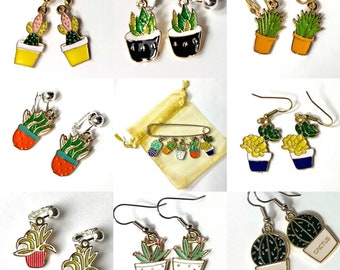 Succulent Earrings, Cactus, House Plant Pots. hooks or clip-on's. Cottage core jewelry, greenhouse wholesale, gift for plant lover plant mom