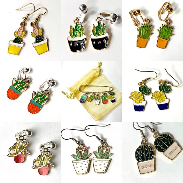 Succulent Earrings, Cactus, House Plant Pots. hooks or clip-on's. Cottage core jewelry, greenhouse wholesale, gift for plant lover plant mom