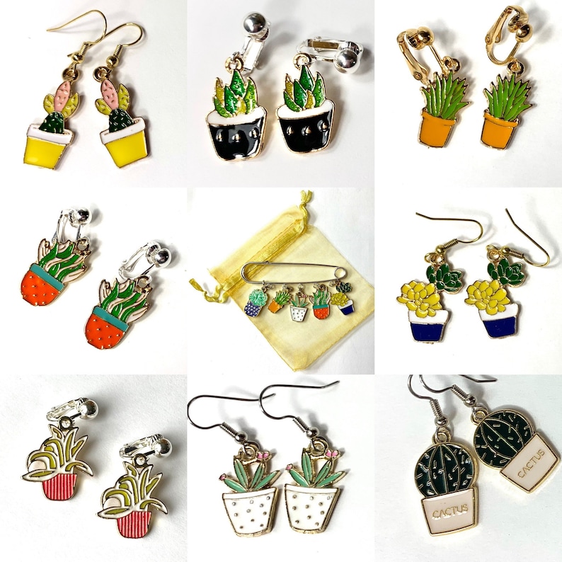 May include: Assortment of colorful potted plant earrings with clip-on and dangle styles. The earrings feature various plant designs, including cacti, succulents, and leafy plants. Some earrings have a gold finish, while others have a silver finish.