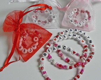 One Valentines Day Bracelet Party Favors, Personalized Children's Bracelets, girls boys galentine. seed bead bracelet w red heart beads