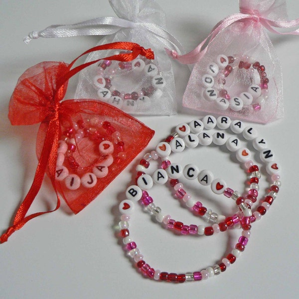 One Valentines Day Bracelet Party Favors, Personalized Children's Bracelets, girls boys galentine. seed bead bracelet w red heart beads