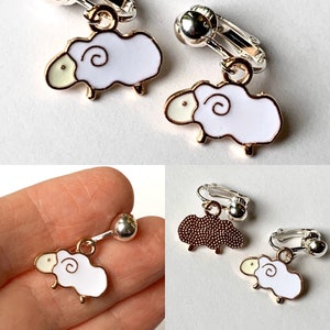 Animal earrings for kids. hedgehog, koala, jellyfish, cat, dog, sheep, puppy, kitten, cow Clip-ons or hooks, Little girl gift easter EE White Sheep