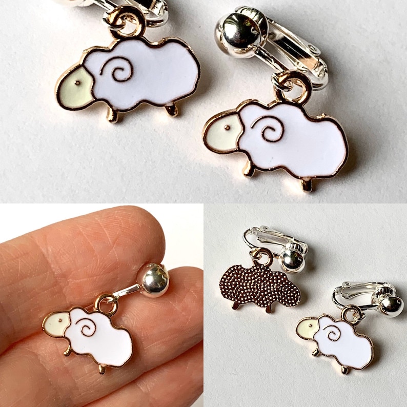 Animal earrings for kids. hedgehog, koala, jellyfish, cat, dog, sheep, puppy, kitten, cow Clip-ons or hooks, Little girl gift easter EE White Sheep