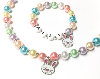 Easter Bunny Charm Bracelet and Necklace set Personalized Name Necklace & Bracelet Set Easter Jewelry for little girls Jewelry for Kids