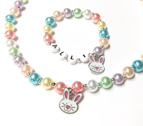 Easter Bunny Charm Bracelet and Necklace set Personalized Name Necklace & Bracelet Set Easter Jewelry for little girls Jewelry for Kids