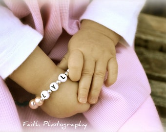 Newborn Baby Infant Toddler Name Bracelet You choose the pearl color and charm Pink Pearl Princess Crown Charm Bracelet