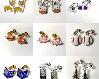 Kids clip on earrings. Saturn heart, Corgi dog, Smart cell phone, purple heart, Easter Bunny, Wizard Book, Baseball, stocking stuffer RR