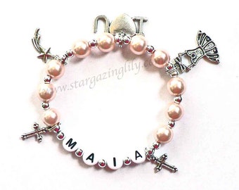 Personalized Name Bracelet Charm Bracelet YOU CHOOSE up to 5 charms, pearl color, Little Girls jewelry Custom Name Bracelet Multi Charm