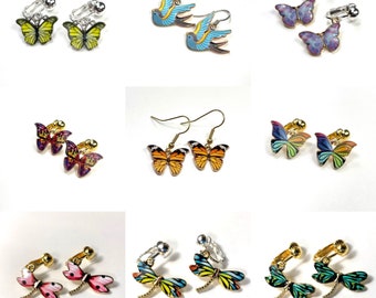 Butterfly earrings, blue bird swallowtail dragonfly. Monarch butterfly earrings. Clip-on’s or pierced hooks. Cottage core, fairy core, OO