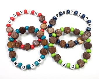 Bracelet for Boys Boys Wood beaded bracelet. Personalized name bracelet. Party Favor Stocking Stuffer or Valentine for Boys. Hypoallergenic