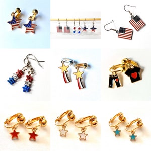 Patriotic 4th of July Stars & Stripes America USA clip-on hypoallergenic surgical steel dangle hook earrings. Red White n Blue Stars Flag TT