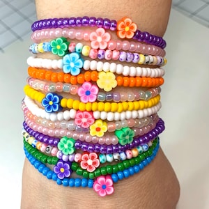 Boho Style stacking seed bead bracelets with flowers. Flower bead bracelets for girls and women. Personalized jewelry. Easter Basket Filler